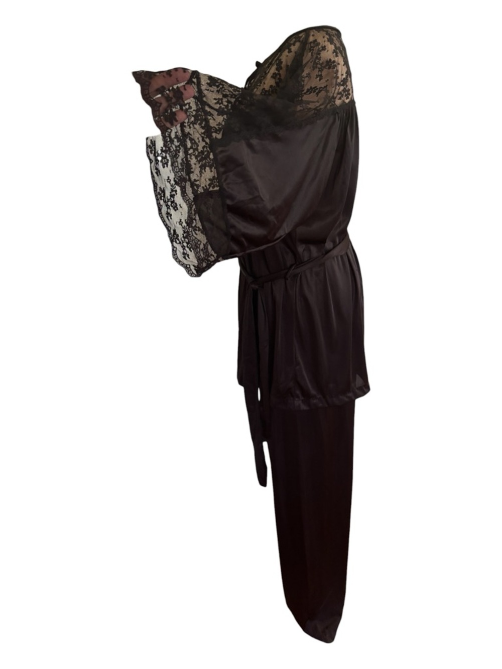 70s 2PC VAL MODE BLACK LOUNGEWEAR W LACE-DETAILS TOP & LONG PANT SLEEP SET SZ L - Picture 4 of 8
